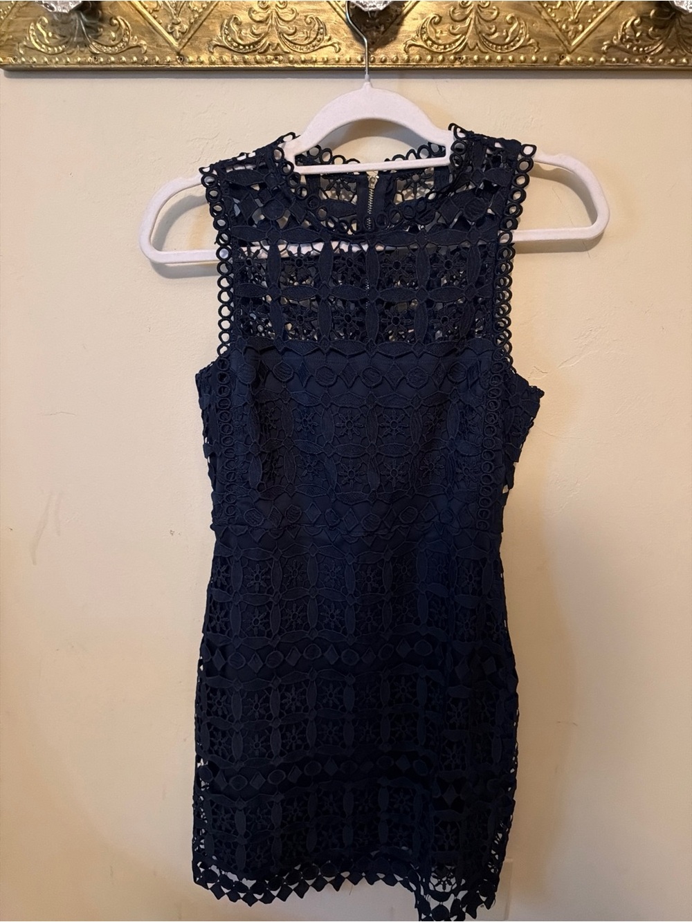Lulus Navy Blue Geometric Crochet Lace Illusion High Neck Mini Dress S